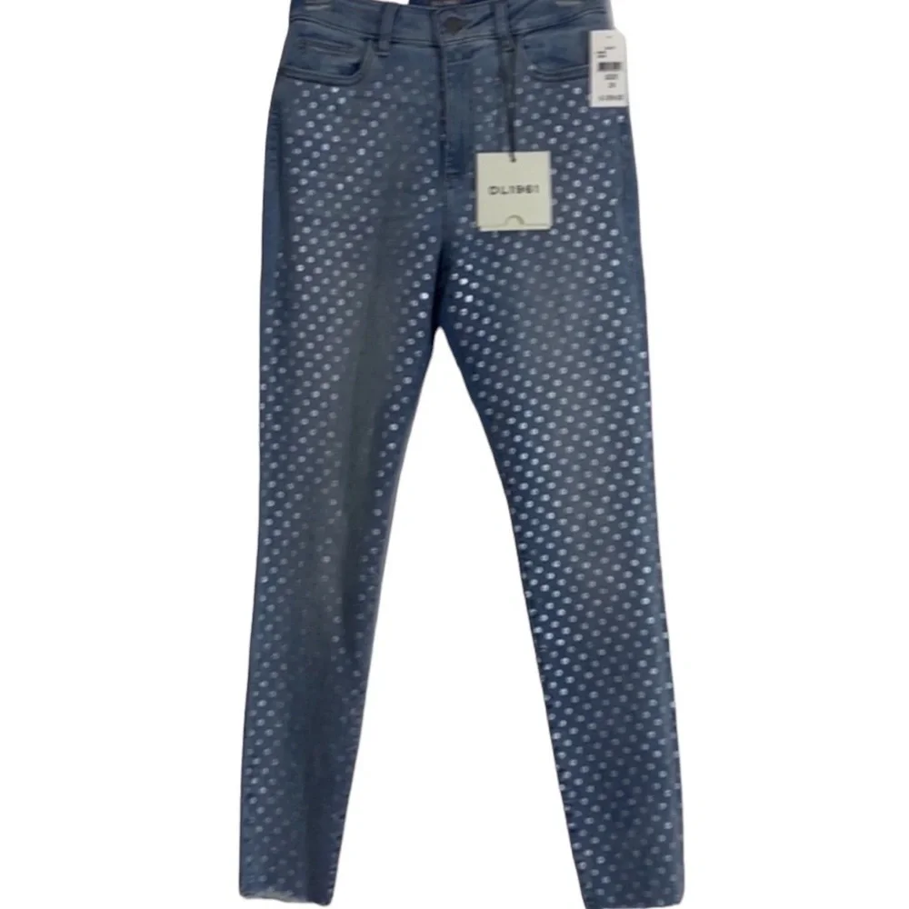 - NWT DL1961 Light Blue High Rise Farrow Skinny Jeans Metallic Dot Accents